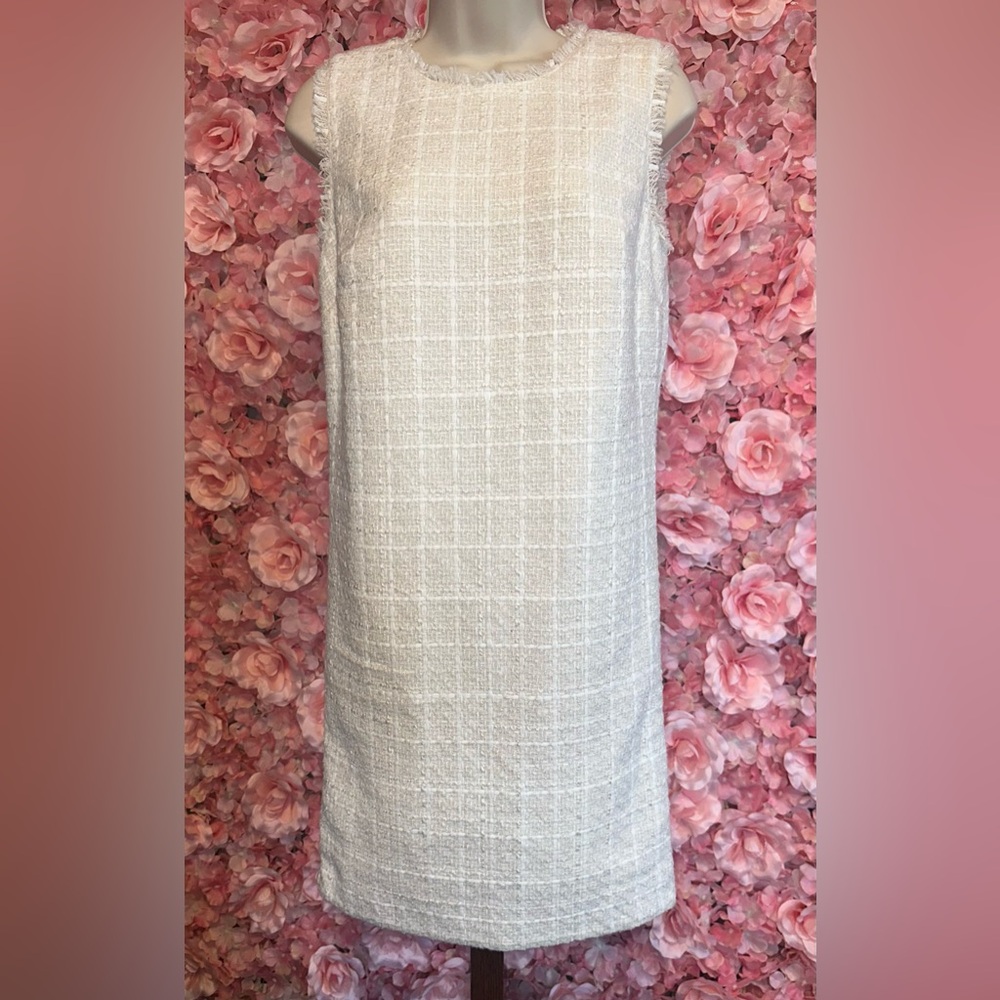 Ann Taylor Cream Textured Tweed Midi Shift Dress